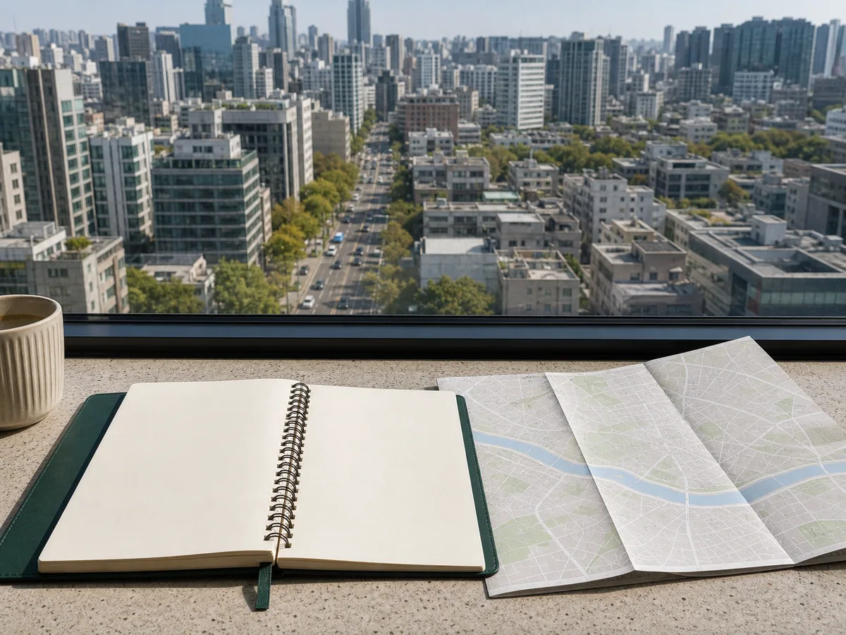 Seoul city view with a blank travel notebook and map