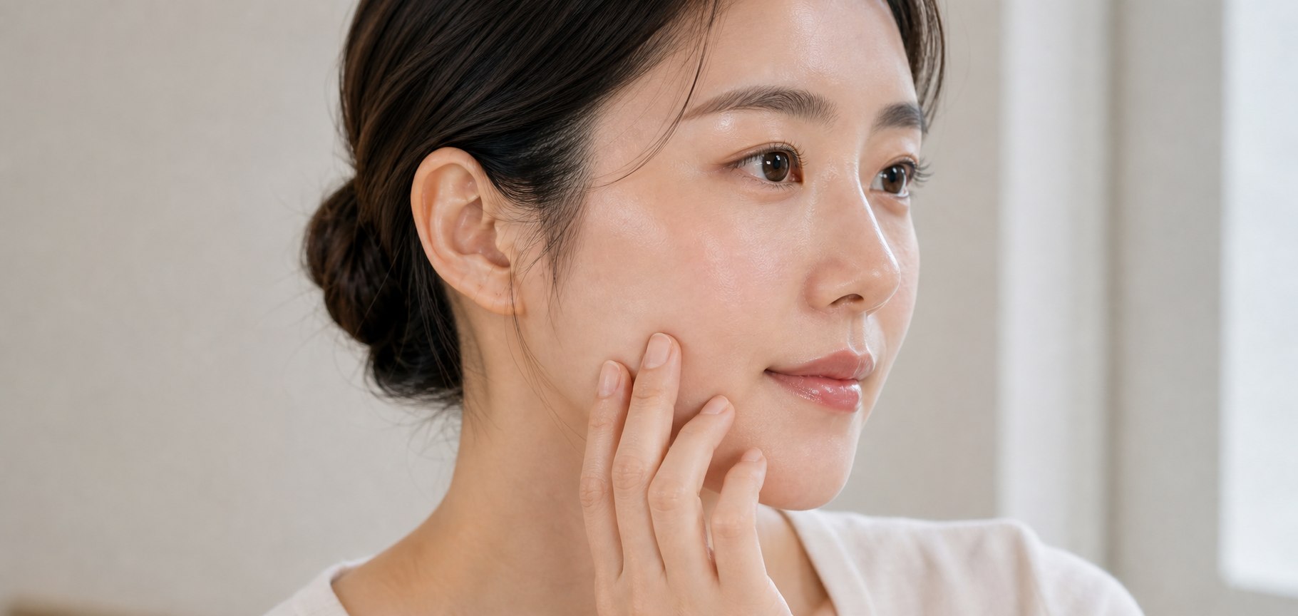 自然光の中で肌の悩みを考える女性